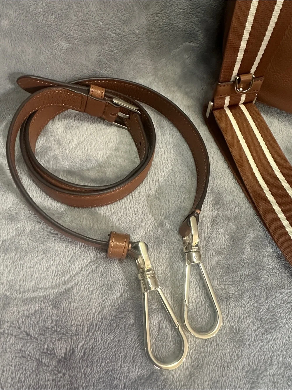 kate spade Brown Pebbled Leather Crossbody with Striped Strap